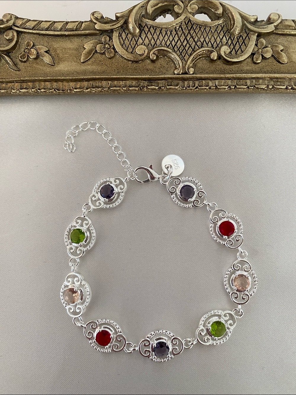 925 Sterling Silver Multi Gemstone Bracelet Filigree Red Green Purple Stones NEW